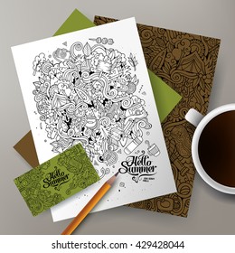 Corporate Identity vector set. Templates on the table with the camping doodles hand drawn design.