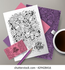 Corporate Identity vector set. Templates on the table with the ice cream doodles hand drawn design.