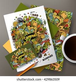 Corporate Identity vector set. Templates on the table with the camping doodles hand drawn design.