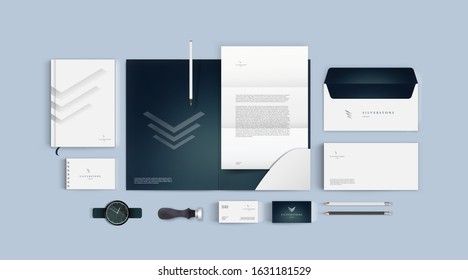 Corporate identity vector template on light background. Black and white elegant minimal firm style. Folder, business card and A4 form, letterhead and envelope.