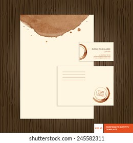 Corporate identity vector template on the wooden background. Coffee theme