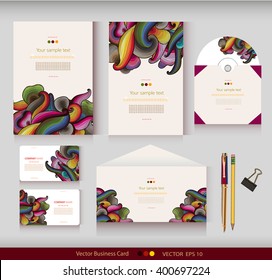 Corporate Identity. Vector templates. Abstract hand-drawn colorful waves background. Envelope, cards, business cards, tags, disc with packaging, pencils, clamp. With place for your text