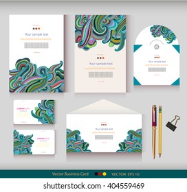 Corporate Identity. Vector templates. Abstract hand-drawn colorful waves background. Envelope, cards, business cards, tags, disc with packaging, pencils, clamp. With place for your text