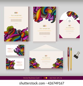 Corporate Identity. Vector templates. Abstract hand-drawn colorful waves background. Envelope, cards, business cards, tags, disc with packaging, pencils, clamp. With place for your text