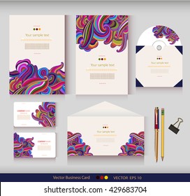 Corporate Identity. Vector templates. Abstract hand-drawn colorful waves background. Envelope, cards, business cards, tags, disc with packaging, pencils, clamp. With place for your text