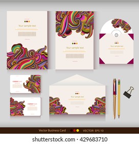 Corporate Identity. Vector templates. Abstract hand-drawn colorful waves background. Envelope, cards, business cards, tags, disc with packaging, pencils, clamp. With place for your text