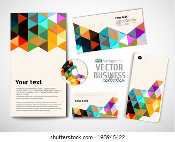 Corporate Identity. Vector templates. Geometric pattern with triangles. Envelope, credit card, business card, phone, disc.
