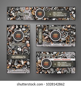 Corporate Identity vector templates set design with doodles hand drawn Automotive theme. Colorful banner, id cards, flayer design. Templates set