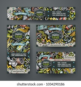 Corporate Identity vector templates set design with doodles hand drawn Electric cars theme. Colorful banner, id cards, flayer design. Templates set