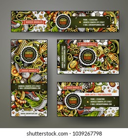 Corporate Identity vector templates set design with doodles hand drawn Football theme. Colorful banner, id cards, flayer design. Templates set