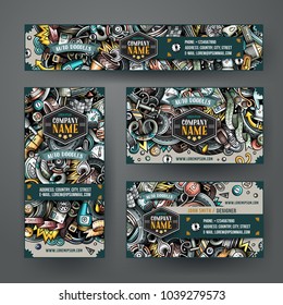 Corporate Identity vector templates set design with doodles hand drawn Automotive theme. Colorful banner, id cards, flayer design. Templates set