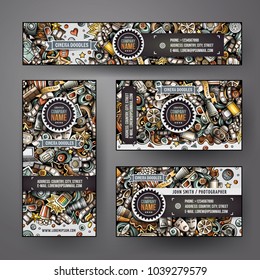 Corporate Identity vector templates set design with doodles hand drawn Cinema theme. Colorful banner, id cards, flayer design. Templates set