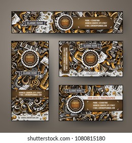 Corporate Identity vector templates set design with doodles hand drawn Classic music theme. Colorful banner, id cards, flayer design. Templates set