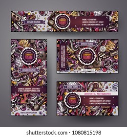 Corporate Identity vector templates set design with doodles hand drawn Disco music theme. Colorful banner, id cards, flayer design. Templates set