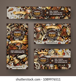 Corporate Identity vector templates set design with doodles hand drawn Coffee Shop theme. Colorful banner, id cards, flayer design. Templates set