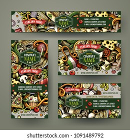 Corporate Identity vector templates set design with doodles hand drawn Italian food theme. Colorful banner, id cards, flayer design. Templates set