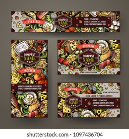 Corporate Identity vector templates set design with doodles hand drawn Pizza theme. Colorful banner, id cards, flayer design. Templates set