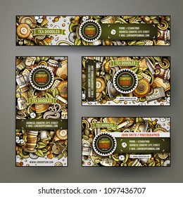 Corporate Identity vector templates set design with doodles hand drawn Tea time theme. Colorful banner, id cards, flayer design. Templates set