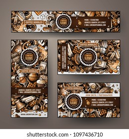 Corporate Identity vector templates set design with doodles hand drawn Coffee Shop theme. Colorful banner, id cards, flayer design. Templates set