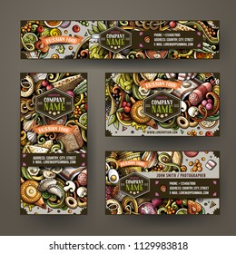 Corporate Identity vector templates set design with doodles hand drawn Slavic food theme. Colorful banner, id cards, flayer design. Templates set