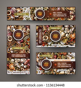 Corporate Identity vector templates set design with doodles hand drawn Slavic food theme. Colorful banner, id cards, flayer design. Templates set