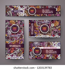 Corporate Identity vector templates set design with doodles hand drawn Disco music theme. Colorful banner, id cards, flayer design. Templates set