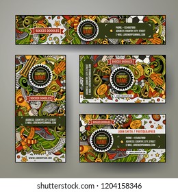 Corporate Identity vector templates set design with doodles hand drawn Football theme. Colorful banner, id cards, flayer design. Templates set