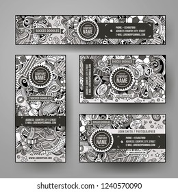 Corporate Identity vector templates set design with doodles hand drawn Soccer theme. Line art banner, id cards, flayer design. Templates set