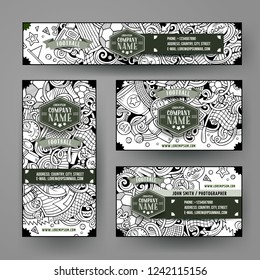 Corporate Identity vector templates set design with doodles hand drawn Soccer theme. Line art banner, id cards, flayer design. Templates set