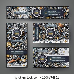 Corporate Identity vector templates set design with doodles hand drawn Winter sport theme. Colorful banner, id cards, flayer design. Templates set
