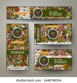 Corporate Identity vector templates set design with doodles hand drawn Spring theme. Colorful banner, id cards, flayer design. Templates set