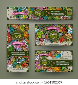 Las plantillas de vectores de identidad corporativas definen el diseño con el tema de primavera dibujado a mano. Banner colorido, tarjetas de identificación, diseño de capas. Conjunto de plantillas