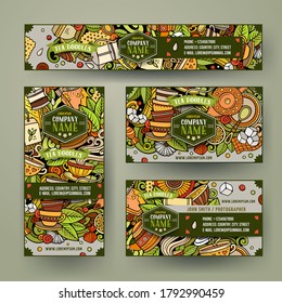 Corporate Identity vector templates set design with doodles hand drawn Tea time theme. Colorful banner, id cards, flayer design. Templates set