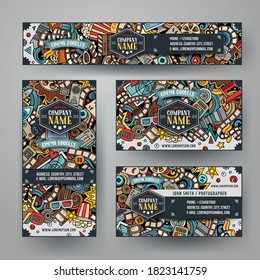 Corporate Identity vector templates set design with doodles. Hand drawn Cinema theme. Colorful banner, id cards, flayer design. Templates set