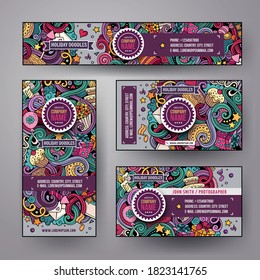 Corporate Identity vector templates set design with doodles. Hand drawn Birthday theme. Colorful banner, id cards, flayer design. Templates set