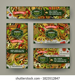 Corporate Identity vector templates set design with doodles hand drawn Mexican food theme. Colorful banner, id cards, flayer design. Templates set