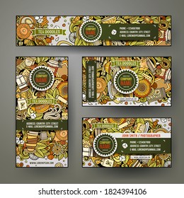 Las plantillas de vectores de identidad corporativa establecen el diseño con el tema del tiempo del té dibujado a mano. Banner colorido, tarjetas de identificación, diseño de capas. Conjunto de plantillas