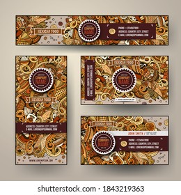 Corporate Identity vector templates set design with doodles hand drawn Mexican food theme. Colorful banner, id cards, flayer design. Templates set
