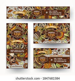 Corporate Identity vector templates set design with doodles hand drawn Cafe theme. Colorful banner, id cards, flayer design. Templates set