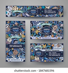 Corporate Identity vector templates set design with doodles hand drawn Space theme. Colorful banner, id cards, flayer design. Templates set