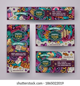 Corporate Identity vector templates set design with doodles hand drawn Birthday theme. Colorful banner, id cards, flayer design. Templates set