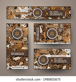 Corporate Identity vector templates set design with doodles hand drawn Coffee Shop theme. Colorful banner, id cards, flayer design. Templates set