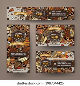 Corporate Identity vector templates set design with doodles hand drawn Coffee Shop theme. Colorful banner, id cards, flayer design. Templates set