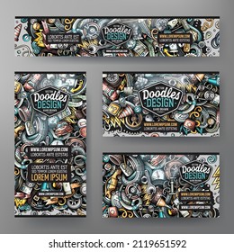 Corporate Identity vector templates set design with doodles hand drawn Automotive theme. Colorful banner, id cards, flayer design. Templates set