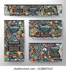 Corporate Identity vector templates set design with doodles hand drawn Automotive theme. Colorful banner, id cards, flayer design. Templates set