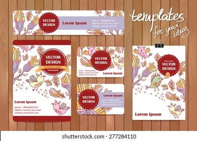Corporate Identity vector templates set with doodles floral and birds