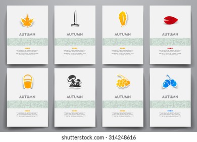 Corporate identity vector templates set with doodles autumn theme. Target marketing concept