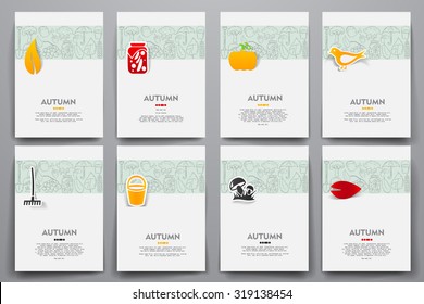 Corporate identity vector templates set with doodles autumn theme. Target marketing concept