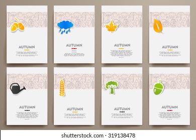 Corporate identity vector templates set with doodles autumn theme. Target marketing concept
