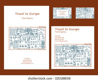 Corporate Identity vector templates set with doodles houses and cottages. Town background design. Vector company style for brandbook and guideline. Use for travel agency or real estate company.